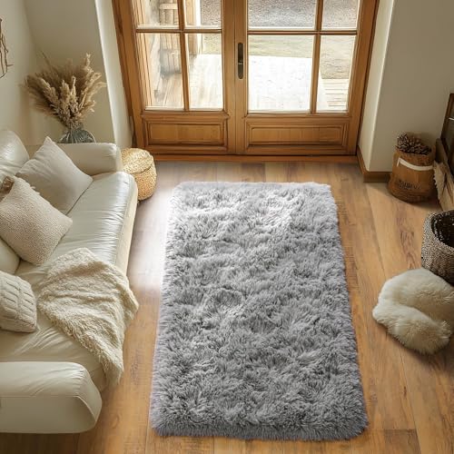 BSGIFT Teppich Hochflor Flauschig 60x110 Läufer Grau, Shaggy Langflor Teppich Wohnzimmer rutschfest für Schlafzimmer Kinderzimmer, Modern Wohnzimmerteppich Bettvorleger High-Pile Carpet
