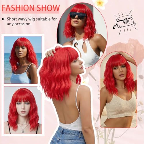 Image of Pastel Dark Red Wavy Bob Wig for Women, Short Shoulder Length Synthetic Wig with Bangs, Matte Natural Realistic Look Lightweight Hairpiece, Red Color for Daily Wear & Cosplay Costume