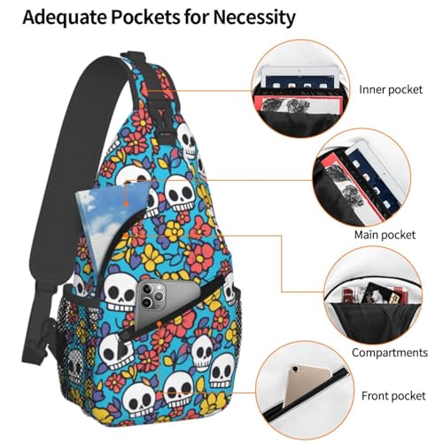 Crossbody Bags For Women Men Skull Flower Blue Sling Backpack Chest Shoulder Bag Gym Cycling Travel Hiking Daypack4