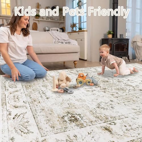 Beige Rugs Living Room 160x230cm Distressed Washable Rugs for Bedroom Boho Thin Floor Carpets for Living Room Dining Room Nursary Office