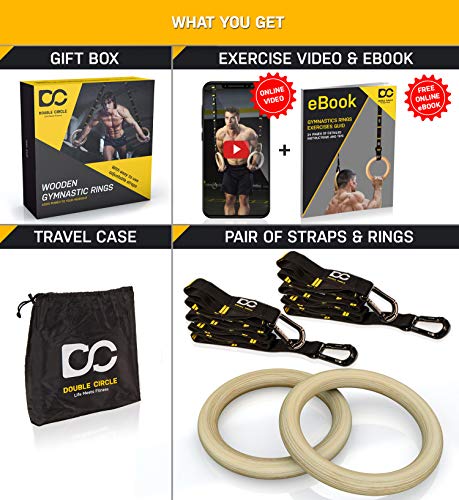 Double Circle Wood Gymnastic Rings 1.25 Inch, with Quick Adjust Numbered Straps and Exercise Videos Guide for Full Body Workout, Crossfit, and Home Gym