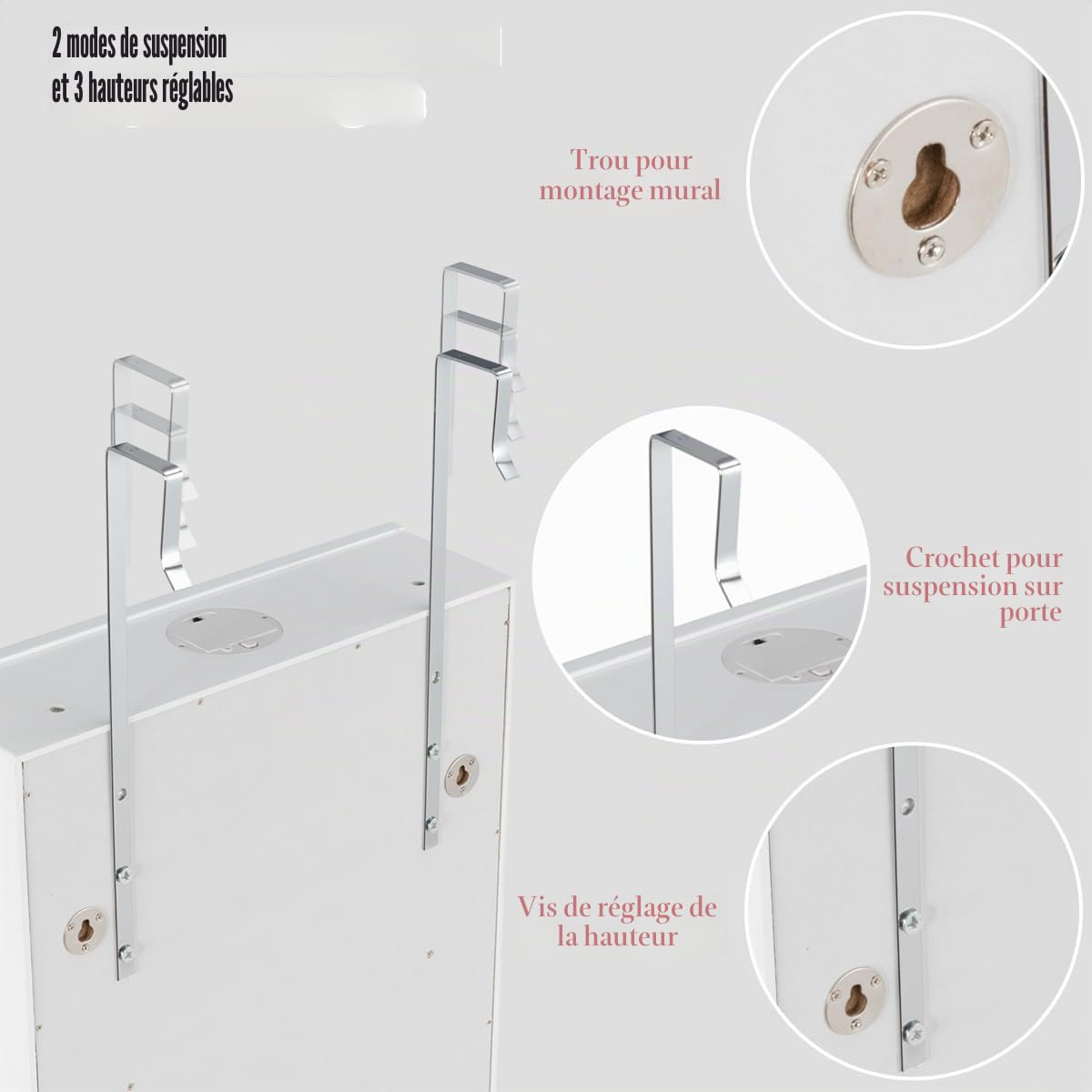 HOMASIS Armoire à bijoux avec éclairage LED, armoire à bijoux avec 6 tiroirs et miroir, armoire à bijoux pour montage mural et porte, verrouillable, 36,5 x 11,5 x 120 cm