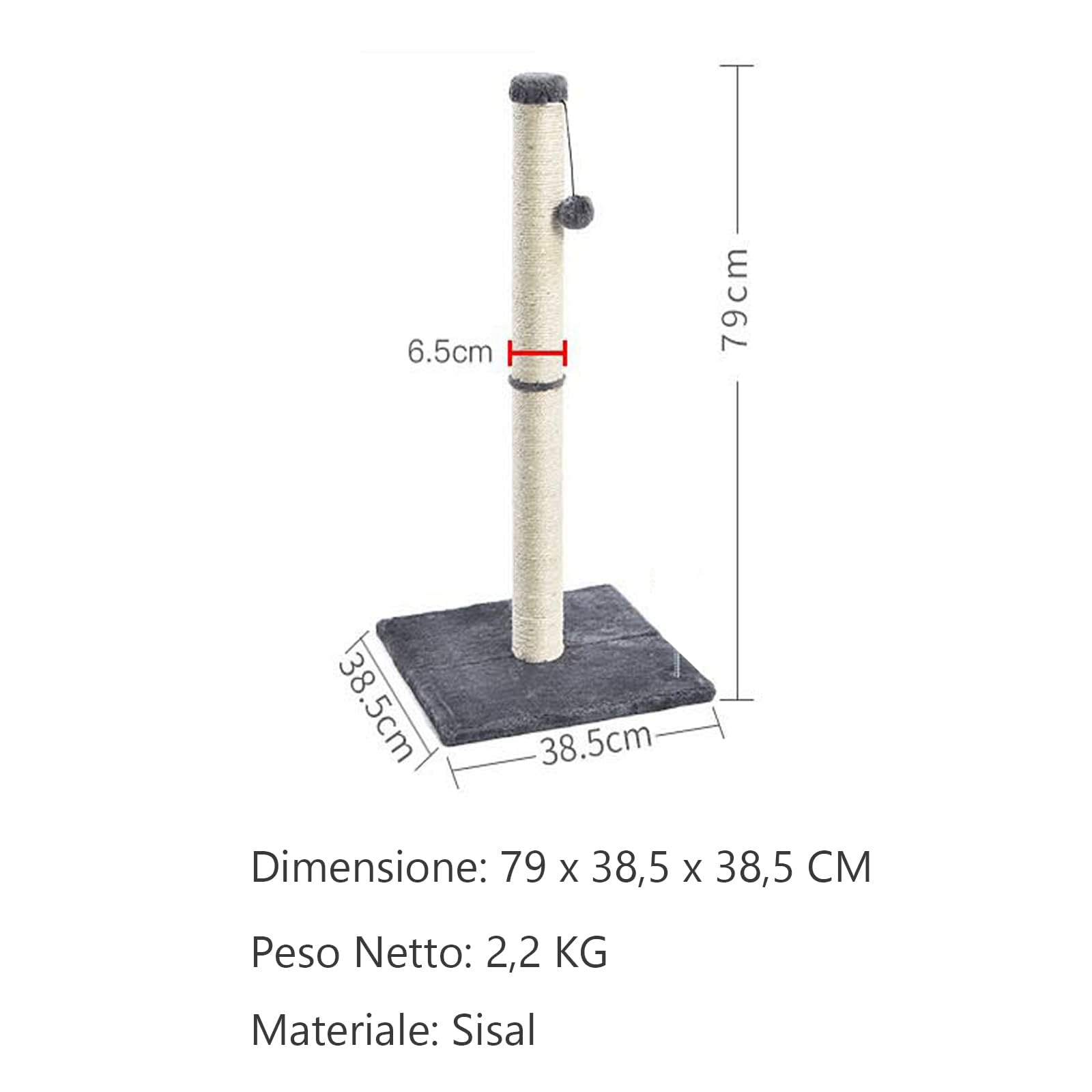 Eyeleaf Tiragraffi per Gatti Adulti 80cm Palo in Corda di Sisal Naturale con Palla Appesa, Morbido Peluche