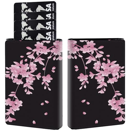 Pop Up Wallet Women Men with Money Slot,RFID Blocking Leather Minimalist Automatic Credit Card Holder Business Trifold Card Case-Cherry Blossoms - Main Image