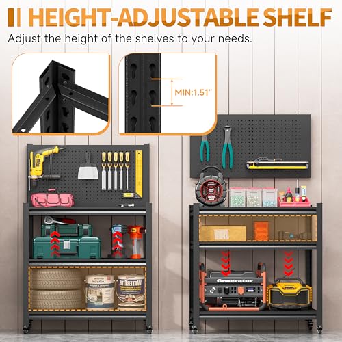 48" H Metal Garage Workbench with Pegboard,3-Tier Roling Tool Work Bench,Adjustable Heavy Duty Work Table on Wheels,Black Mobile Workstation for Garage Warehouse Workshop,Screwless Design - Image 6