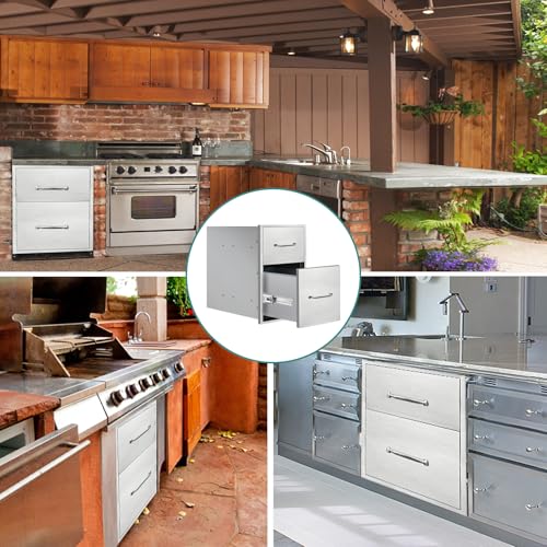 Image of Outdoor Kitchen Drawers 14 inch W x 21 inch H x 21 inch D Stainless Steel Drawer BBQ Double Drawers with Chrome Handle for Outdoor Kitchen Island, Patio Grill Station
