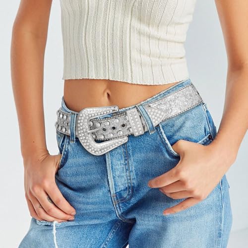 Rhinestone Studded Western Leather Belt for Men Vintage Bling Waist Belts Suit for Pants Jeans