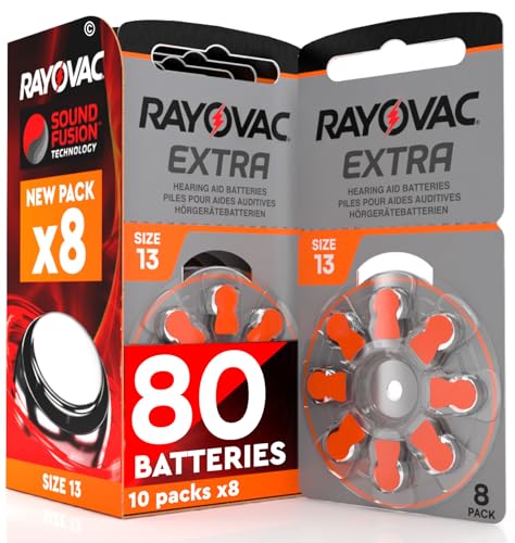 80 Hearing Aid Batteries Size 13 Rayovac Extra PR48 (Orange) Zinc-Air with Sound Fusion Technology - 10 Blisters of 8 Batteries