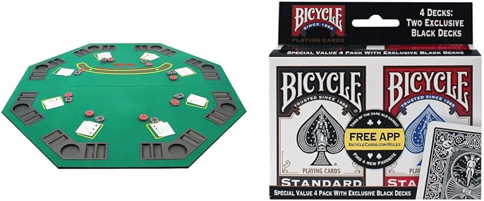 Trademark Poker Deluxe Solid Wood Poker and Blackjack Table Top with Case,Black/Green 48 x 48-Inch & Bicycle Standard Index (Black/Red), Pack of 4