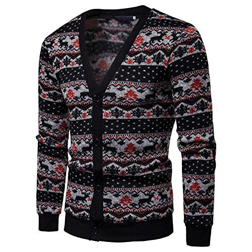 Men's Christmas Reindeer Sweater Cardigan Cute Ugly Open Front Button Down Knitwear Slim Fit Black
