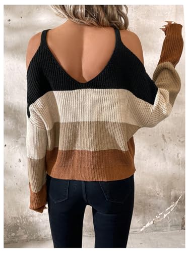 SOLY HUX Fall Sweaters for Women Color Block Cold Shoulder Long Sleeve Pullover Sweater Knit Tops2