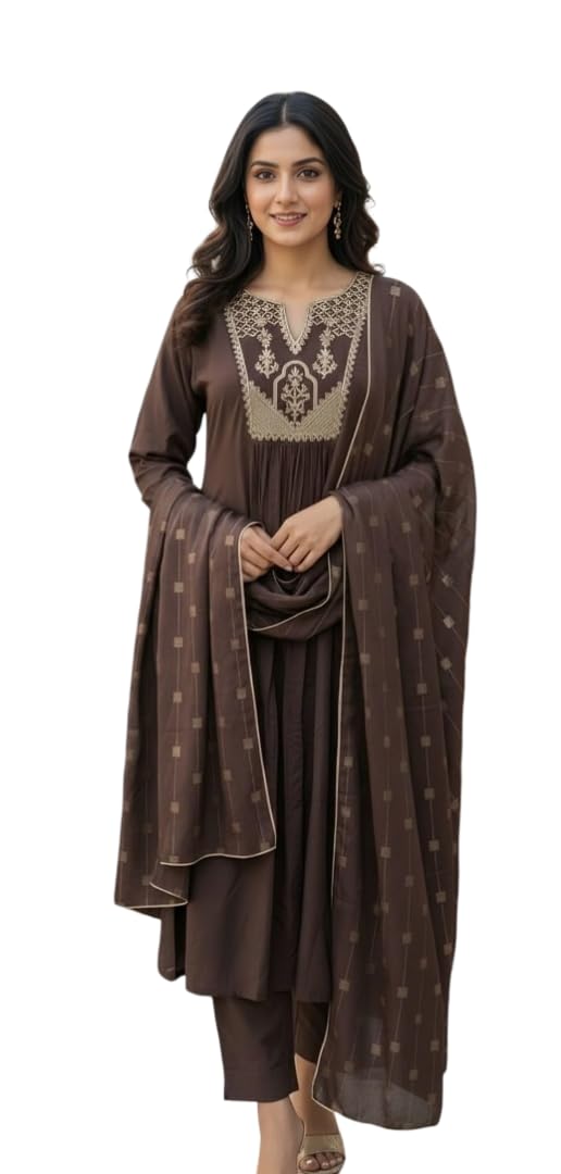 Coffee A-Line Suit Set with Golden Embroidery-image-36