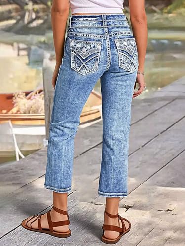 Flamingals Ripped Capri Jeans for Women Mid Waist Casual Dual Button Straight Leg Cropped Denim Jeans2