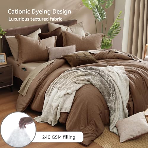 Monbix Full Size Comforter Set, Brown Bedding Comforter for Full Size Bed Set Reversible, Bedding Sets Full 7 Pieces, Cationic Dyeing Bed in a Bag with Comforter, Sheets, Pillowcases & Shams