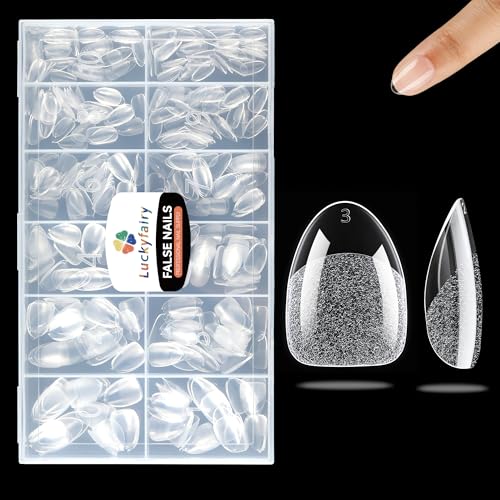 Luckyfairy Extra Short Almond Nail Tips, 240pcs Soft Gel Pre-Shaped Acrylic Fake Nails, Half Matte Full Cover Clear Gelly Press on Flase Nail Tips for Extension Nail Manicure Home DIY 12 Sizes