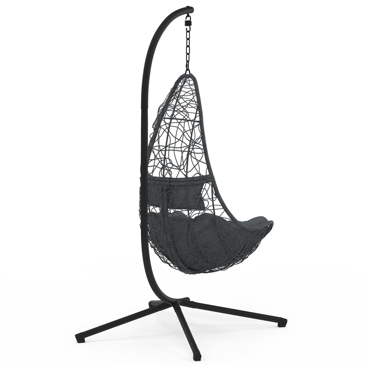 IDMarket - Silla colgante de media luna efecto ratán calado gris con cojín gris