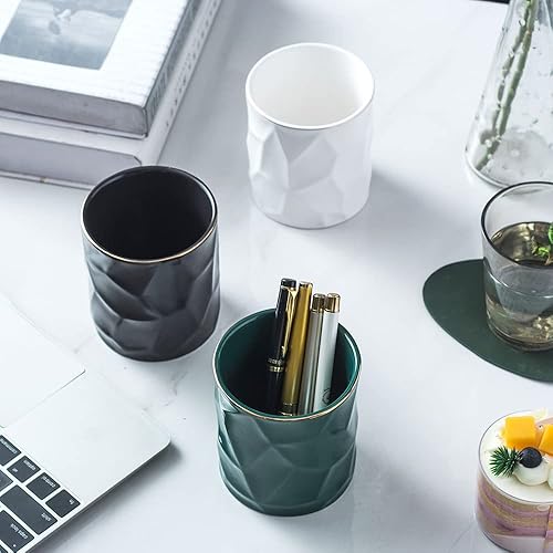 Miniatura 4 de Soporte redondo irregular de cerámica para escritorio, lindo soporte de línea dorada, organizador de escritorio para hombres y mujeres (negro)