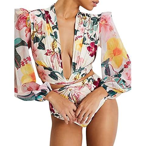 IDOPIP Women's Puff Long Sleeves One Piece Swimsuit Rash Guard Ruffle Plunge V-Neck Bathing Suit Sexy Cut Out Backless Monokini Bikini Floral Printed Surfing Swimwear Beachwear Pink Floral M Cover