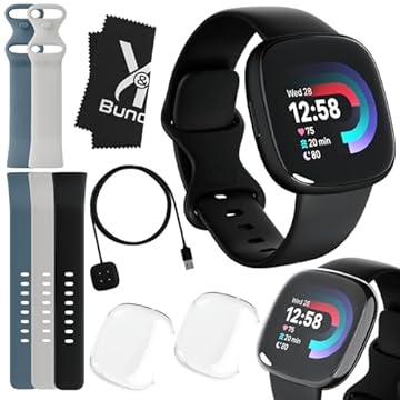 Relógio inteligente Fitbit Versa 4 Saúde e Fitness (preto) com GPS, vida útil da bateria de 6 dias, pulseiras S e L - Pacote com pulseiras Fitbit Versa 4 azuis e brancas para mulheres e homens, 2