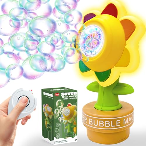 Sunflower Bubble Machine for Car, Fun Swing Dance Bubble Maker with Remote Control, Seven Color Bubble Machine for Car with LED Lights, Rechargeable Automatic Bubble Maker for Bathtub Bath