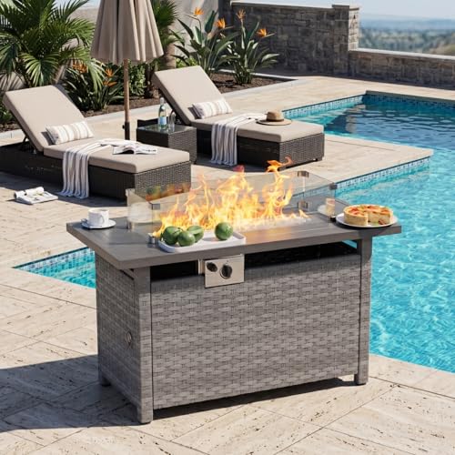 ABCASA Rectangular Propane Fire Pit Table Outdoor, CSA Certified 44" 60000BTU Heat Output Auto-Ignition Fire Pits Table with Wind Guard Weather-Resistant Wicker Fire Table for Porch Garden Grey