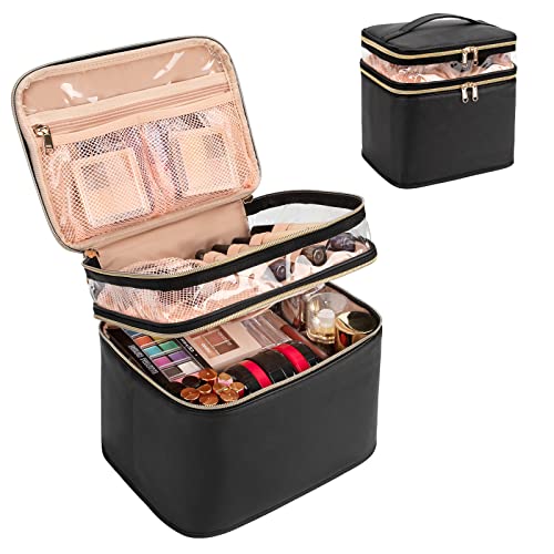 Ocheal Large Makeup Bag, Double Layer Makeup Bag, Vertical Storage Cosmetic Case For Women/Girls With Multiple Compartments-Black #TOP1