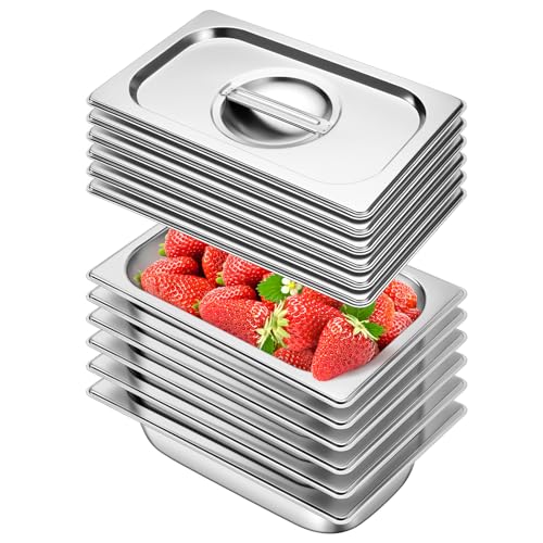 Hotel Pan with Lids 6 Pack 1/4 Size 2.5" Deep Stainless Steel Steam Table Pan, Commercial Food Pans for Catering Buffet Chafing Dish Pans Metal Steam Tray (1/4 Size x 2.5 Inch Deep, 6 Pack) by ChieFinch - Used condition - US$39.99