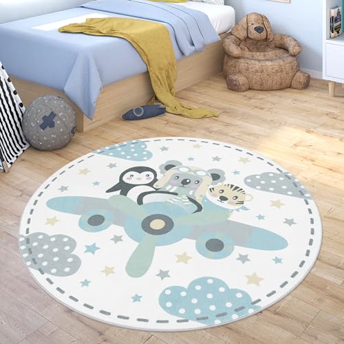 Paco Home Alfombra De Habitacion Bebe Infantil Niña Niño De Juego Se Puede Lavar En La Lavadora Redonda Moderna Color Pastel, tamaño:Ø 120 cm Redon, Color:Beige