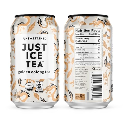 Image of Just Ice Tea, Golden Oolong Iced Tea, 12-Pack (12oz Cans), Green Tea, USDA Certified Organic, Real Brewed, No Calories, Unsweetened, Fair Trade, Made in USA.