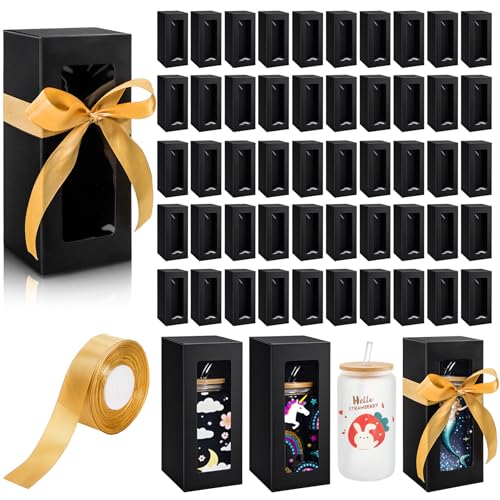 Mezchi 50 Pack Tumbler Gift Box with Window & Gold Ribbon for Sublimation Black Glass Cup Packaging for 12oz 16oz 20oz Drinking Jars Wedding Bridal Shower Mothers Day Gifts Bulk Supplies