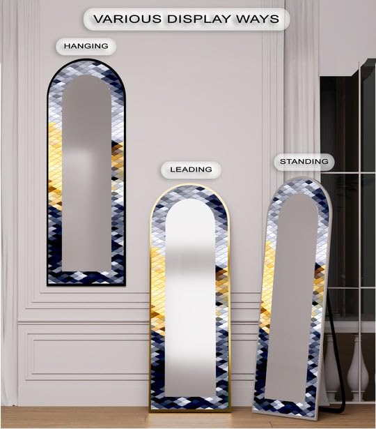 Specchio da pavimento con motivo geometrico in argento, oro e blu navy, 63,5 x 160 cm (larghezza x altezza), specchio da pavimento con cornice nera e cornice nera