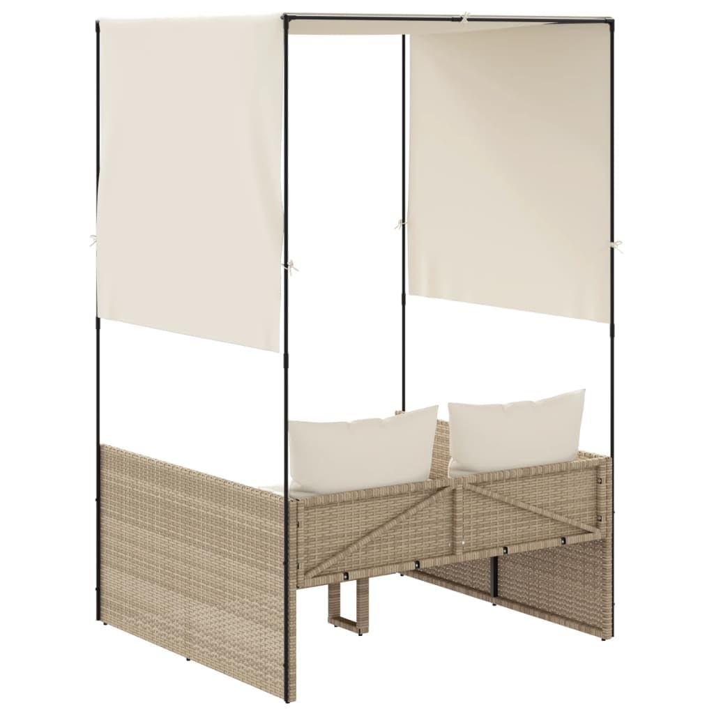 Homgoday Chaise Longue Double avec Toit et Rideaux Beige Résine Tressée, Bain de Soleil de Jardin, Lit de Camping Transat de Relax pour Plage, Extérieur, Balcon, Terrasse B