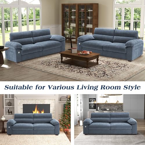 Image of WorthFurni Sofas for Living Room, Chenille Pillow-Armrest Loveseat Couch Set, Small Sofa, 3 Seater Sofa, USB Charging, Removable Sofa Cover, Solid Wood Frame, Easy to Install (90.5 inch, Blue)