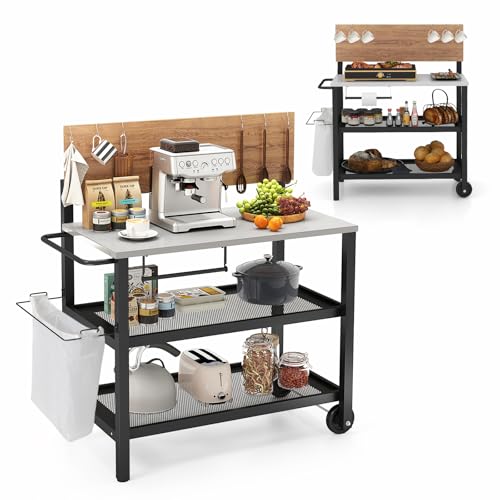 KOMFOTTEU Chariot pour Barbecue à 3 Niveaux, Desserte de Jardin avec Plateau Rabattable, Table de Grill Mobile avec Porte-Serviettes, Crochets, 116 x 55 x 130...