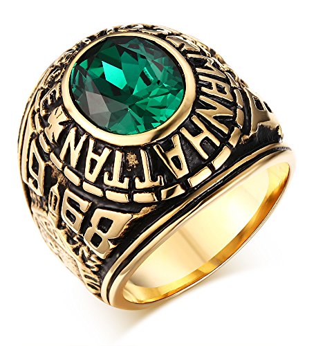VNOX Stainless Steel Manhattan College Ring with Green CZ Crystal for Mens Womens Graduation Gift,Size 10