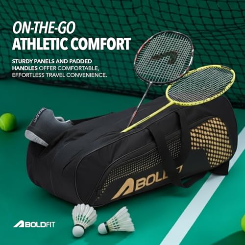 Image of Boldfit Courthaul Badminton Kit Bag for Men & Women 6 Rackets Double Zipper Sports Kit Bag with Backstrap Durable Polyester Badminton Racket Bag for Training, Match & Travel - Black