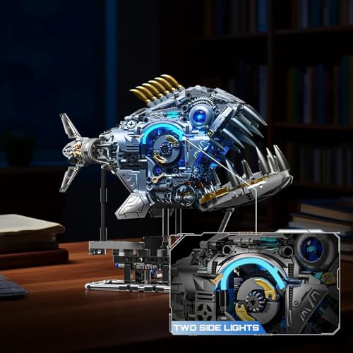 Image of SKY LINE OCEAN Mechanical Piranha Building Block Kit, 1085+ PCS Hand-Crank Gear Driven Motion Model, Multi-Joint Mechanical Fish STEM Construction Set for Teens & Adults, 5-Year Structural Warranty