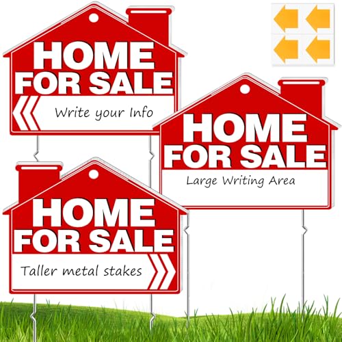 Cyrico Home For Sale Sign 17 x 13 Inch House For Sale Signs By Owner with Metal Stakes and Directional Arrow Double-Sided Weatherproof Corrugated Plastic for Real Estate Lawn Garden Yard 3 Packs