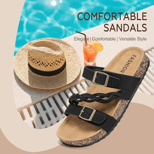 Women's Cork Footbed Sandals with Arch Support Comfortable Adjustable Straps Braided Sandal with Double Buckles, Non-Slip Slip-On Slide Sandals for Summer Water Resistant Slides Footwear3