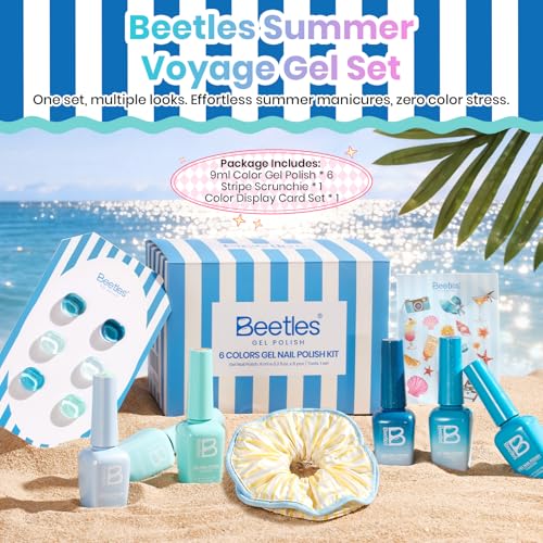Image of Beetles Blue Gel Nail Polish Set, Summer Voyage Shore Light Cat Eye Gel Polish 6 Colors Mint Green Lyons Nail Gel with Nail Art Stickers & Scrunchie, Soak Off Uv Manicure Kit Gift for Women