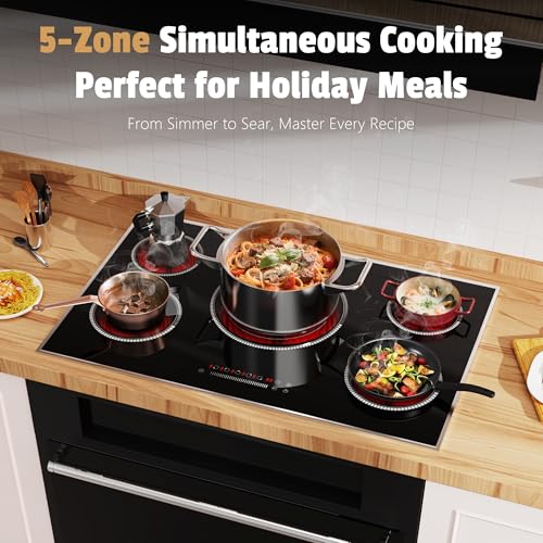 Image of 36 Inch Electric Cooktop, 5 Burner Stove Top with Slide Control | 9200W Electric Stove with Child Lock, Timer, Pause Function 36 inch Glass Cooktop, Sensor Touch, 220-240V Hard Wire, No Plug