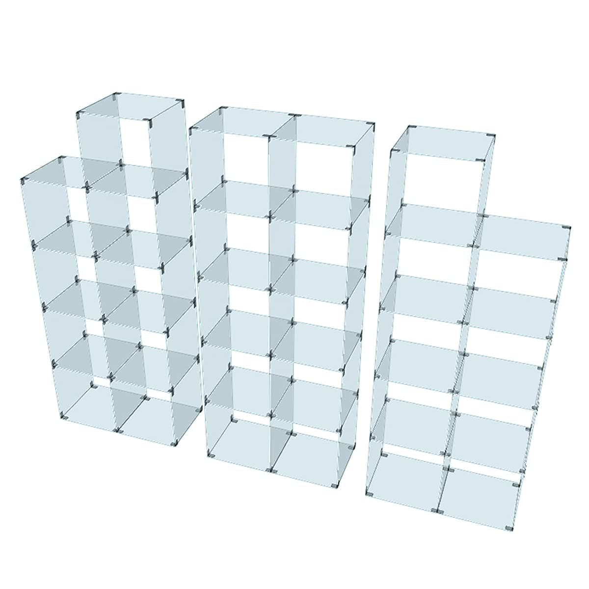 Glassteckvitrine „Großes Set“ 3 Elemente | Glasregal Vitrine 28 Fächer á 30x30cm o. 40x40cm Verkaufsvitrine Ausstellungsvitrine Messevitrine Verkaufsregal Fächervitrine Schaufenstervitrine 30x30cm