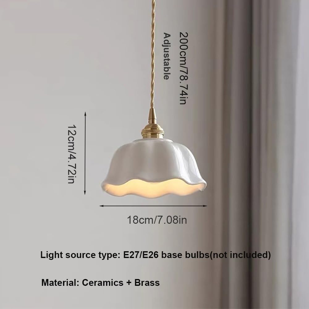 Pendelleuchte Blumenform aus Keramik, Weiße Hängelampe mit Gewelltem Rand Messing Vintage Faltporzellan Kronleuchter für Nachttisch Kücheninsel
