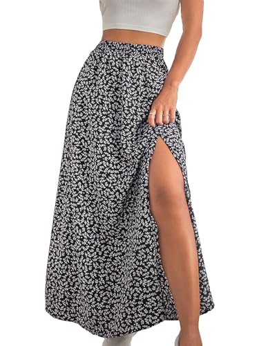 Verdusa Women's Boho Floral Thigh Slit Maxi Skirt High Rise Flowy Skirts
