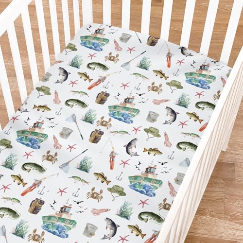 Image of Watercolor Ocean Boats Fishing Baby Crib Sheets for Boy Girl 52"x28" Fishing Lovers Gift Fitted Crib Mattress Covers Sea Marine Bed Sheets for Standard Crib and Toddler Mattress