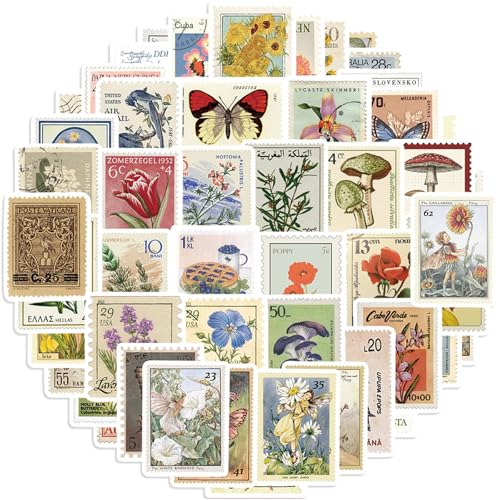Vintage Stamps Stickers 50pcs Retro Stamps for Water Bottles Laptop Scrapbooking Mirrors Notebooks Cars Bumpers Bikes Bedroom Travel Case Motorcycle Snowboard for Stamps Fans