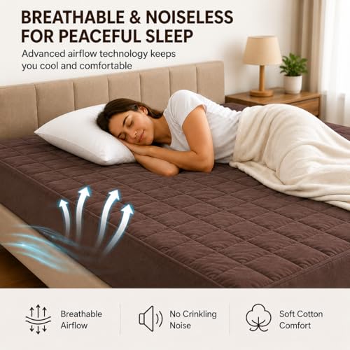 Image of RESTIFY 100% Waterproof Quilted Queen Size Mattress Protector 72x60 Inch 6x5 Ft Fits Upto 10 Inch Mattress | Premium Cotton Breathable Bed Protector | Mattress Cover for Double Bed |Brown