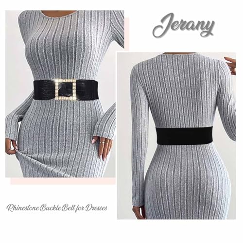 Women Elastic Wide Waist Belt Rhinestone Square Buckle Belt for Dresses Stretchy Wide Belt2