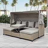 Outdoor Sectional Sofa Set with 4 Piece Patio Rattan Daybed with Retractable Canopy, UV-Proof Resin Wicker Patio Sofa Set with Cushions, Pillows, and Lifting Table