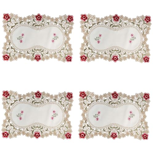 LeLehome Set of 4 Flower Embroidered Placemats, Oblong Red Rose Lunchmats Place Mats, Home Kitchen Dining Restaurant Party Indoor Decor Table Mats, 18 Inch X 12 Inch